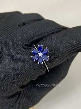 V金勿忘我系列满钻花朵戒指皇家蓝红宝石水滴钻石指环女气质小众