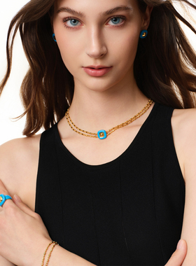 TIDONA手工珐琅双层锁骨链蓝绿色