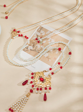 【鱼龙舞】明制汉服长璎珞背云古风新年马面裙项链国风珍珠吊坠女