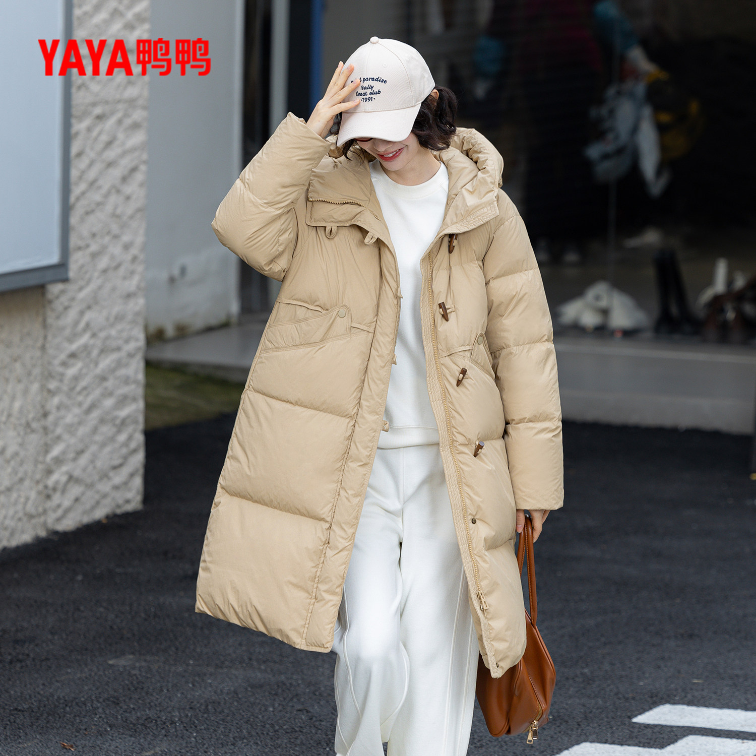 鸭鸭牛角扣羽绒服女中长款冬季新款时尚休闲连帽加厚保暖宽松外套,淘宝优惠券,粉丝福利购,淘宝优惠卷