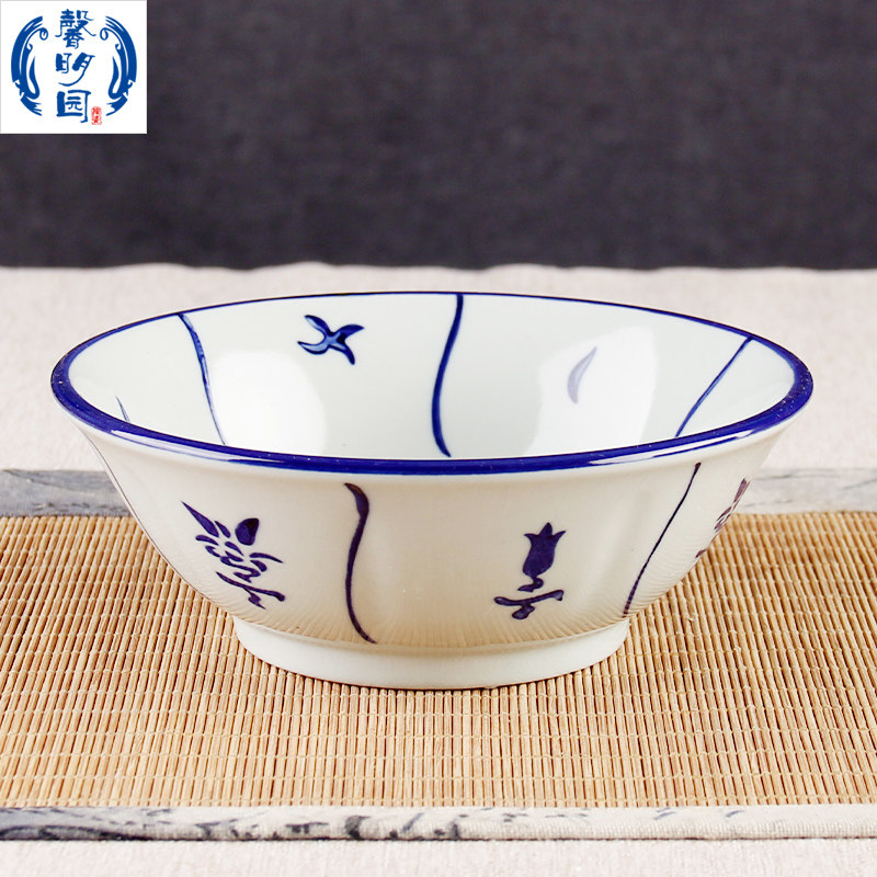 馨明园陶瓷青花釉下彩手绘葵斗碗复古怀旧斗笠碗中国风客家面碗