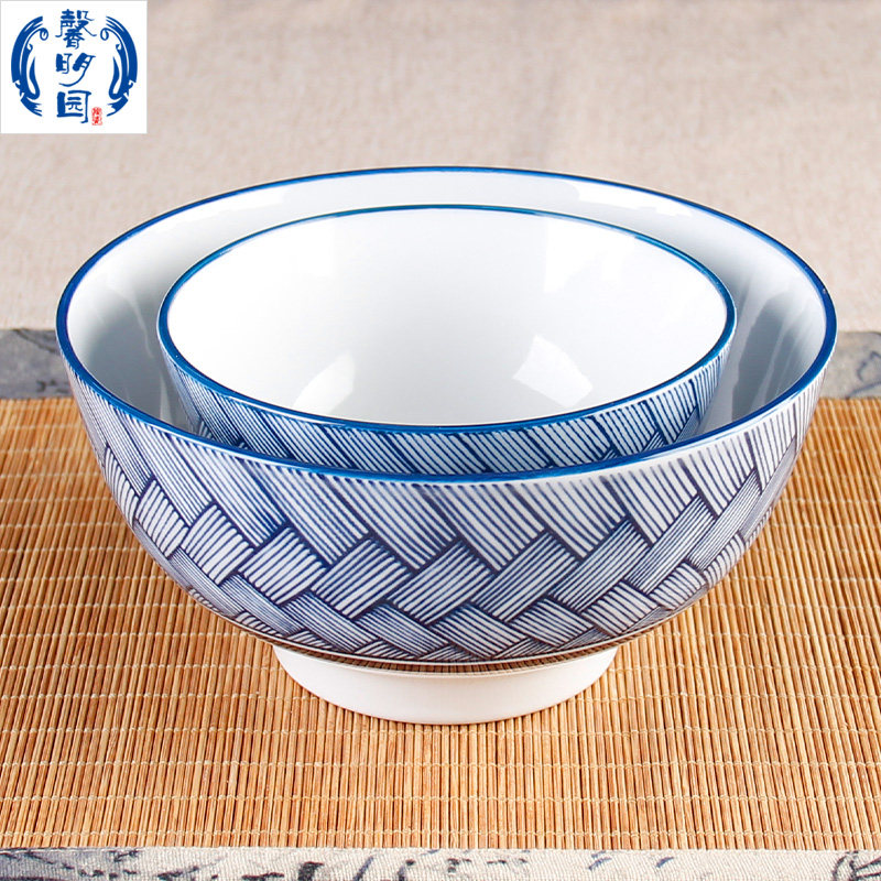 馨明园釉下彩丰收碗青花瓷创意条纹格子饭碗中号面碗高脚直口白瓷