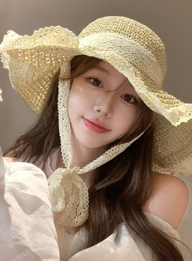 草编大檐系带防晒草帽女