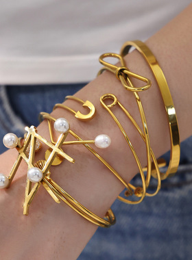 仿珍珠几何手环不锈钢镀金18k金