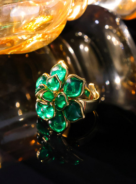 山茶花造型开口戒指欧美轻奢复古