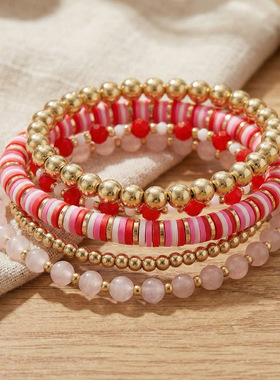 新款红粉金珠串手链叠戴女式弹力