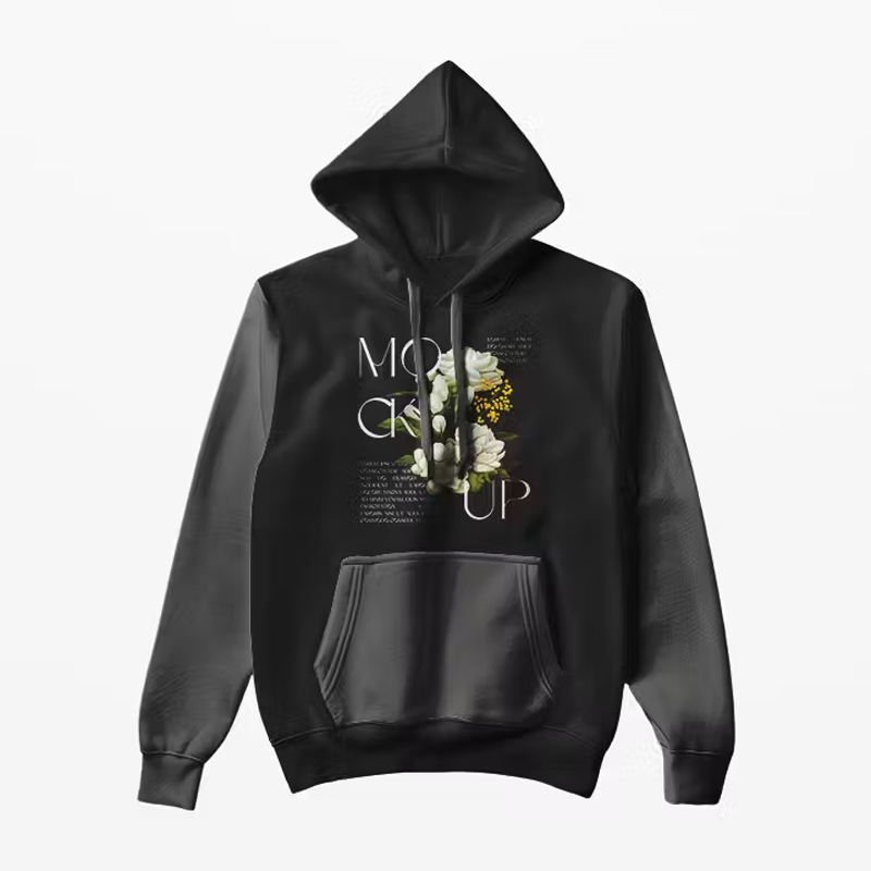 黑色长袖印花套头连帽衫正反面PSD样机智能贴图效果服装设计素材 - 图1