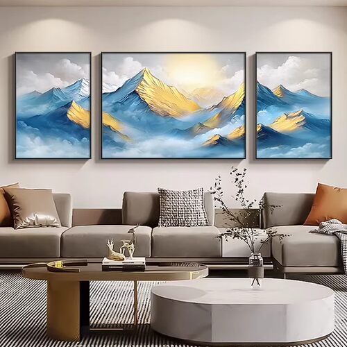 日照金山三联画客厅沙发背景墙壁画靠山图壁画现代简约轻奢装饰画 - 图3