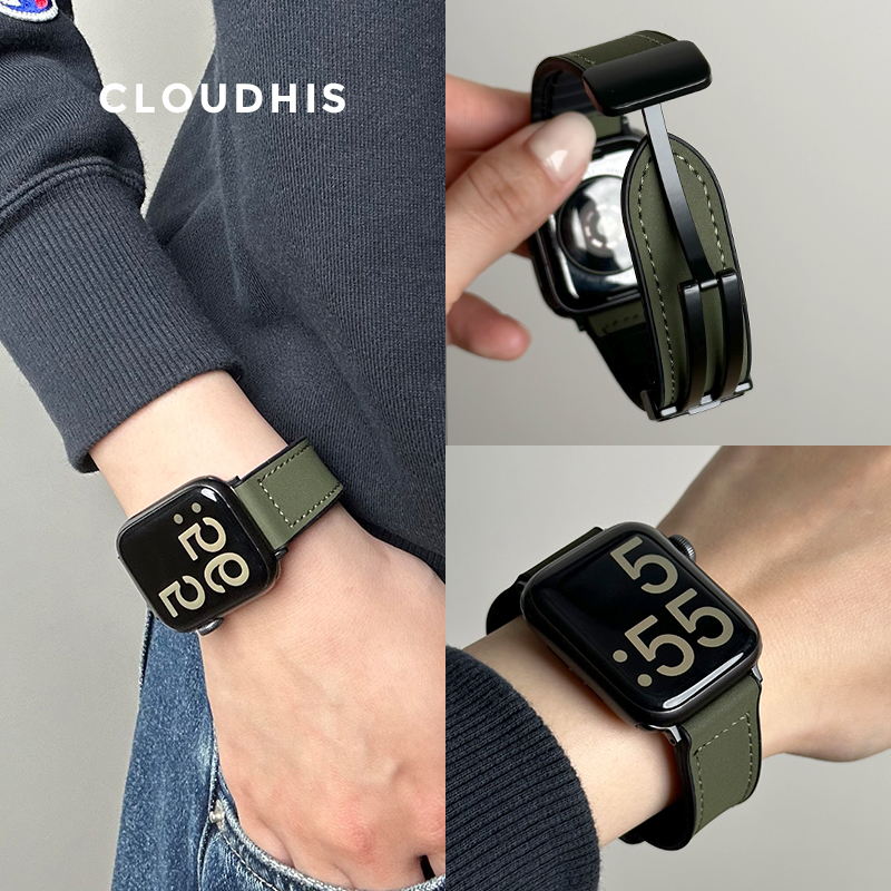 CLOUDHIS新款疯马皮硅胶磁吸iwatch表带适用苹果手表applewatch运动9透气8真皮ultra夏天男款小众s9女款s8潮