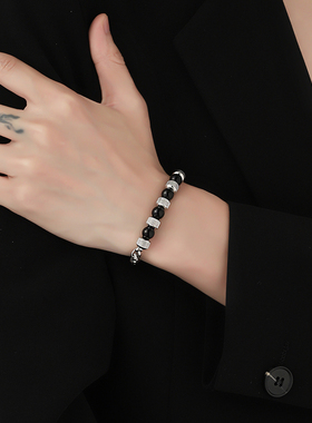 男士手链痞帅轻奢高级感百搭男款黑玛瑙拼接龙骨手链手环男生手饰