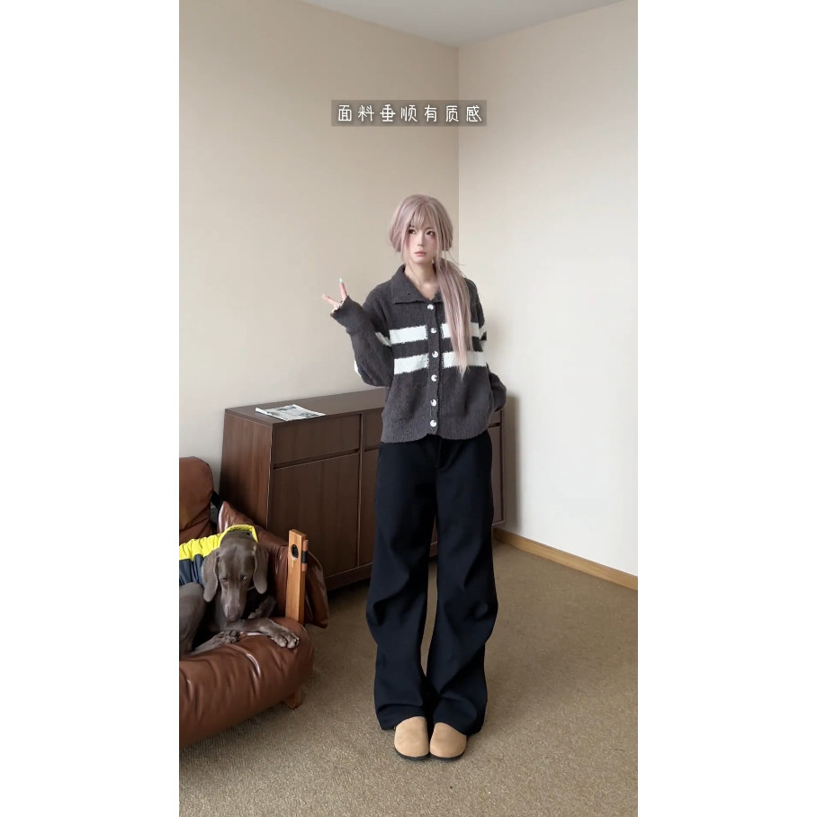 York Zoom春季美式宽松微喇垂感休闲裤黑色褶皱西裤男加绒加厚