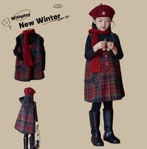 Girlswoolen sweatshirt dresses autumn and winter clothing 2023 new children Christmas costumes girls plaid vest princess dress