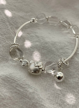 S925银KT喵白水晶弹力绳手串女款