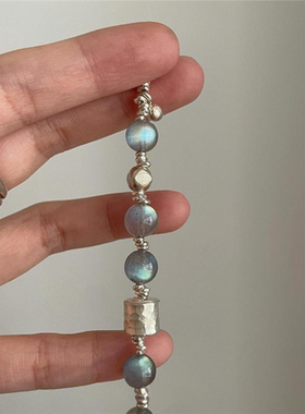 S925纯银猫眼灰月光串珠手链女款