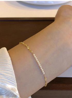 S925银极简水波纹链珍珠手链女