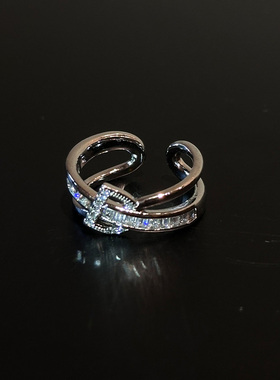 冷淡风爆闪镶钻银色交叉戒指小众