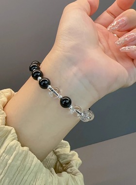S925纯银黑曜石白水晶串珠手链