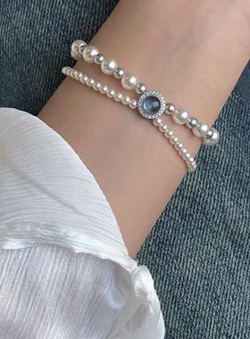 雾蓝岛屿双层仿海蓝宝珍珠手链女