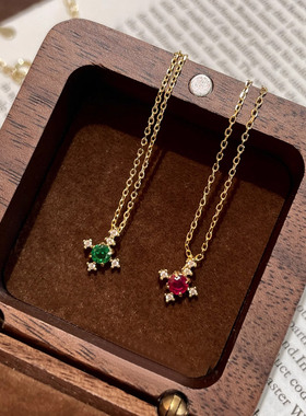 极细仿红绿宝石闪钻十字架项链女
