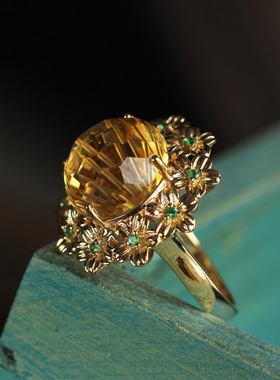 外贸烟花工艺切割高仿黄水晶冰花纳财18K金轻奢百搭花朵开口戒指