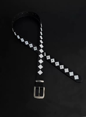 JUSSUNG黑白棋盘格腰带STU中古小众vibe穿搭配饰质感皮革菱格皮带