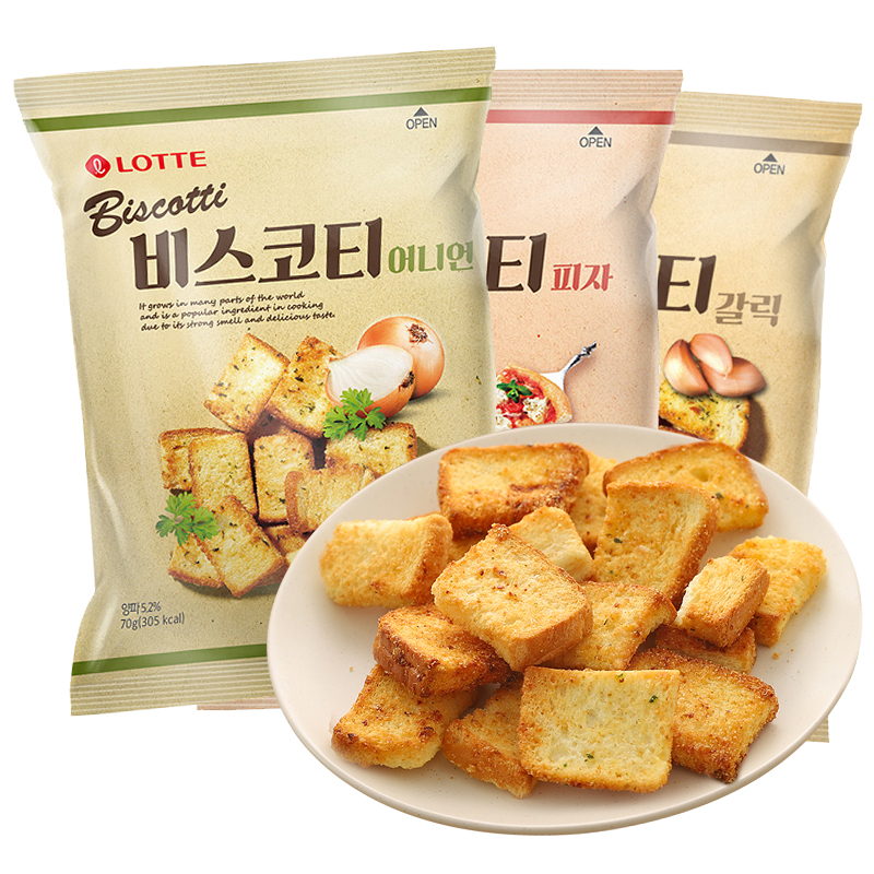 韩国进口乐天蒜香面包干蒜蓉烤馍片饼干葱香披萨味外国原装零食 - 图0