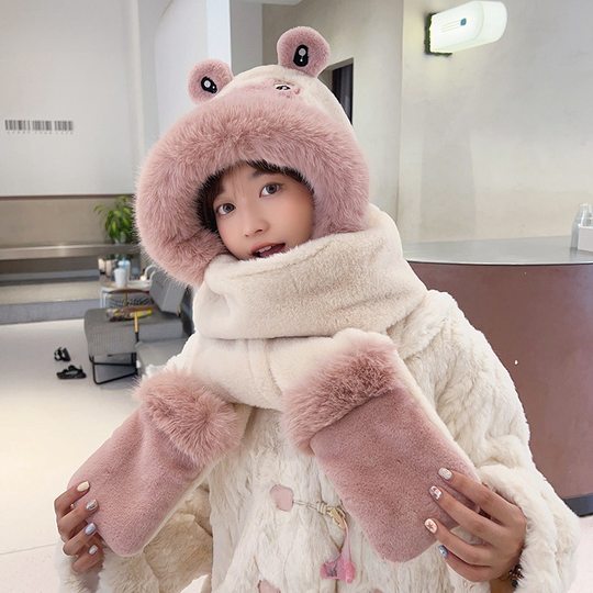 可爱青蛙毛绒帽子围巾一体女冬季加厚保暖骑行防寒百搭手套三件套