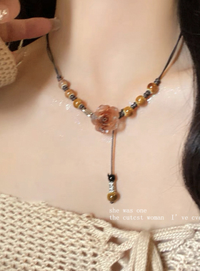 陶瓷玫瑰花编织项链可抽拉长款