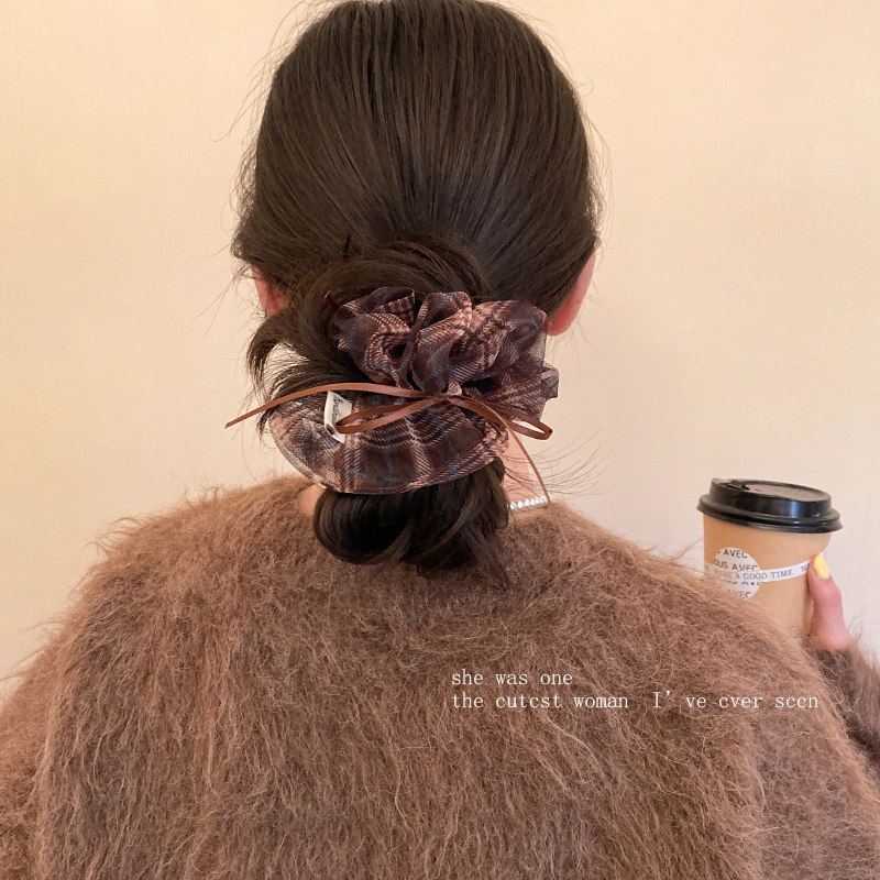 韩系咖色网纱格子蝴蝶结大肠发圈女复古慵懒风百搭头饰发绳扎头发,淘宝优惠券,粉丝福利购,淘宝优惠卷