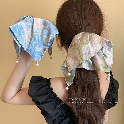 蓝色油画方巾珍珠发圈女高级感扎头发扎低马尾发绳独特气质发饰 - 图1