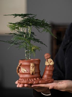 中式陶瓷小和尚盆栽绿植家居室内茶桌禅意文竹子盆景装饰桌面摆件