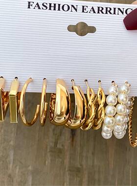 earrings women 金属耳圈复古耳饰赫本风耳环套装6件套earring