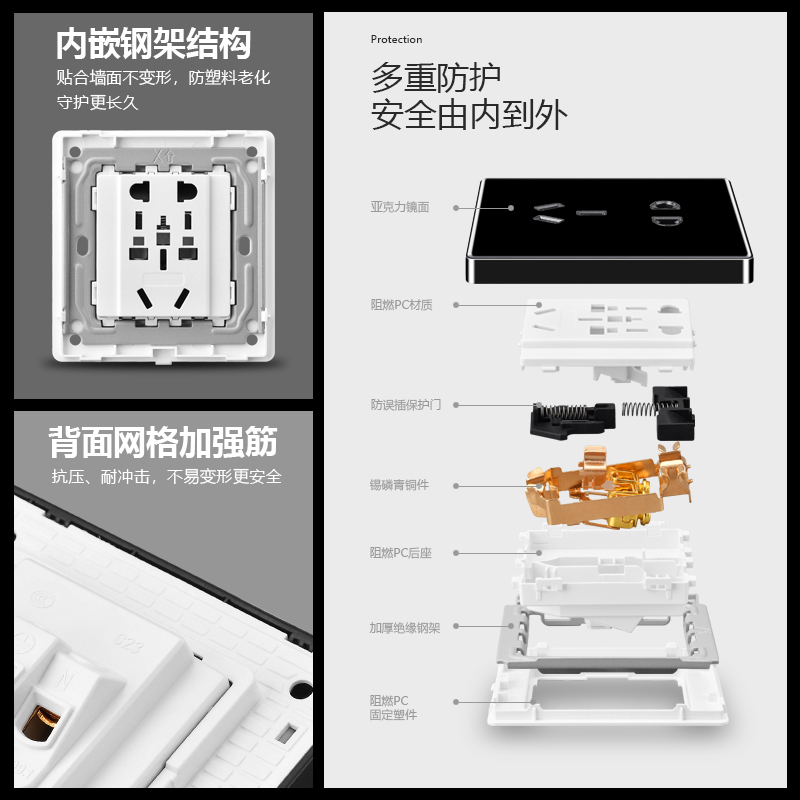 国际电工亚克力暗装黑色镜面二开双控一开五孔带开关面板插座空调-图1