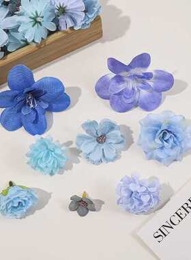 蓝色仿真花朵汉服头饰手工DIY