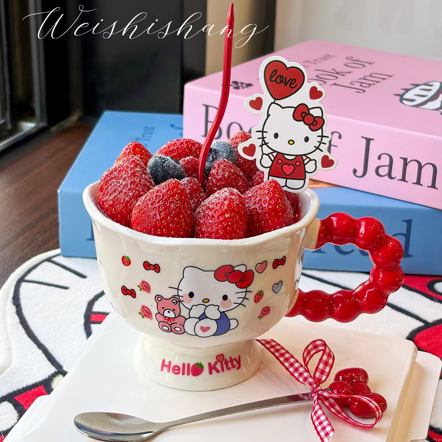 包邮网红kt草莓杯陶瓷圣诞草莓塔节日杯子蛋糕蝴蝶结装饰小猫摆件 - 图3
