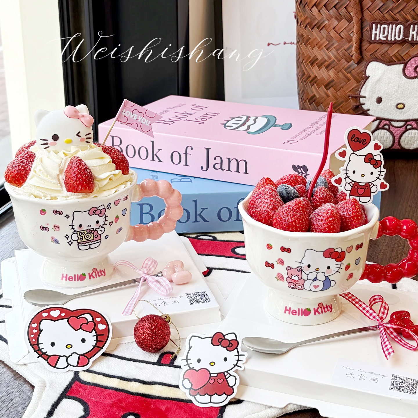 包邮网红kt草莓杯陶瓷圣诞草莓塔节日杯子蛋糕蝴蝶结装饰小猫摆件 - 图0