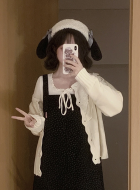 Lolita甜美黑白格子狗狗耳朵帽子手作可爱帕恰狗圆顶毛绒帽贝雷帽