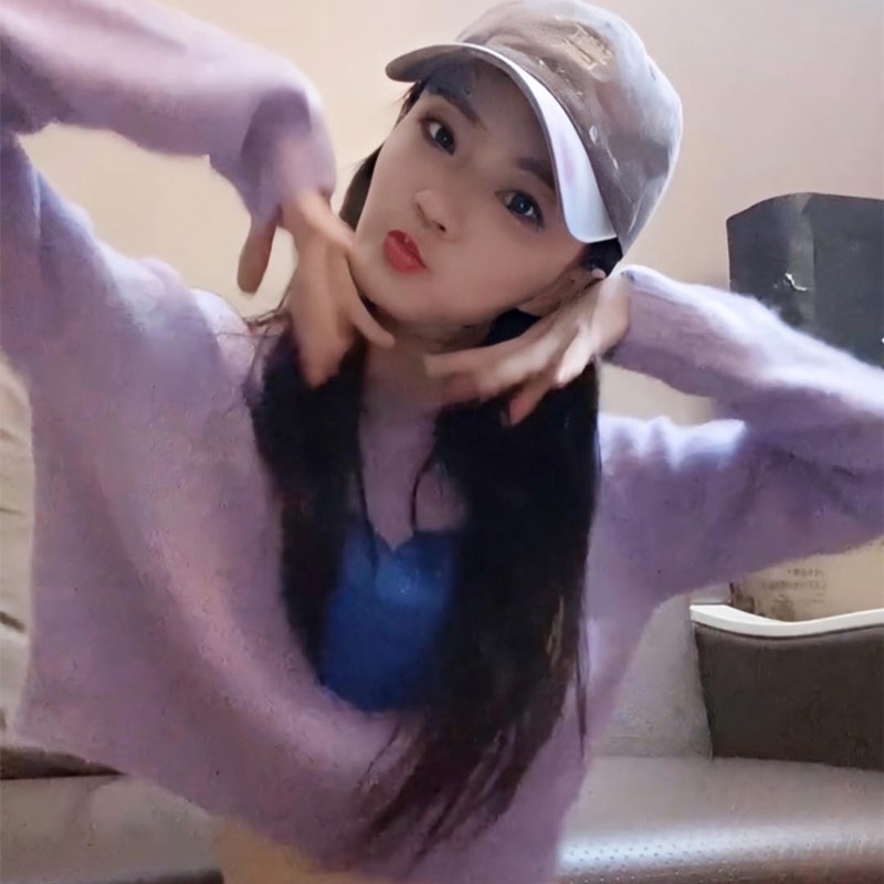 金晨徐璐明星同款毛衣女韩版春秋新款紫色爱心短款宽松长袖针织衫