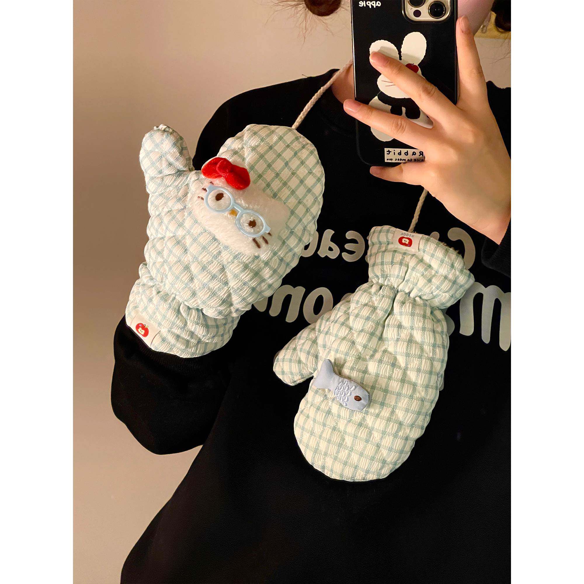 可爱格纹手套冬季女款保暖加绒五指全包骑行防风防寒加厚挂脖手套