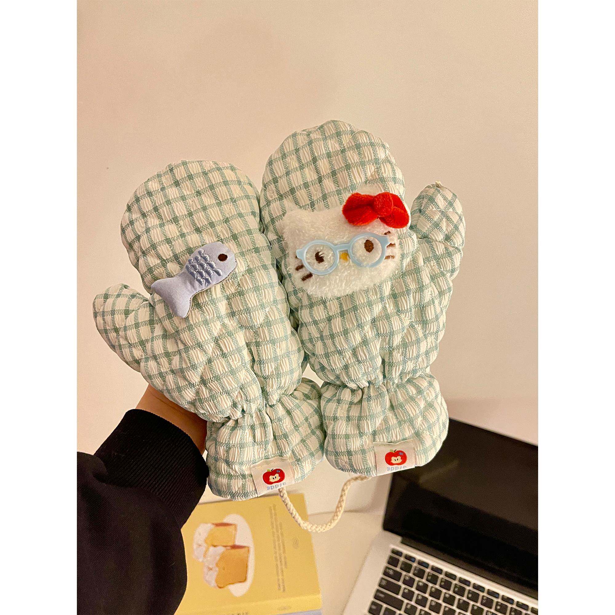 可爱格纹手套冬季女款保暖加绒五指全包骑行防风防寒加厚挂脖手套