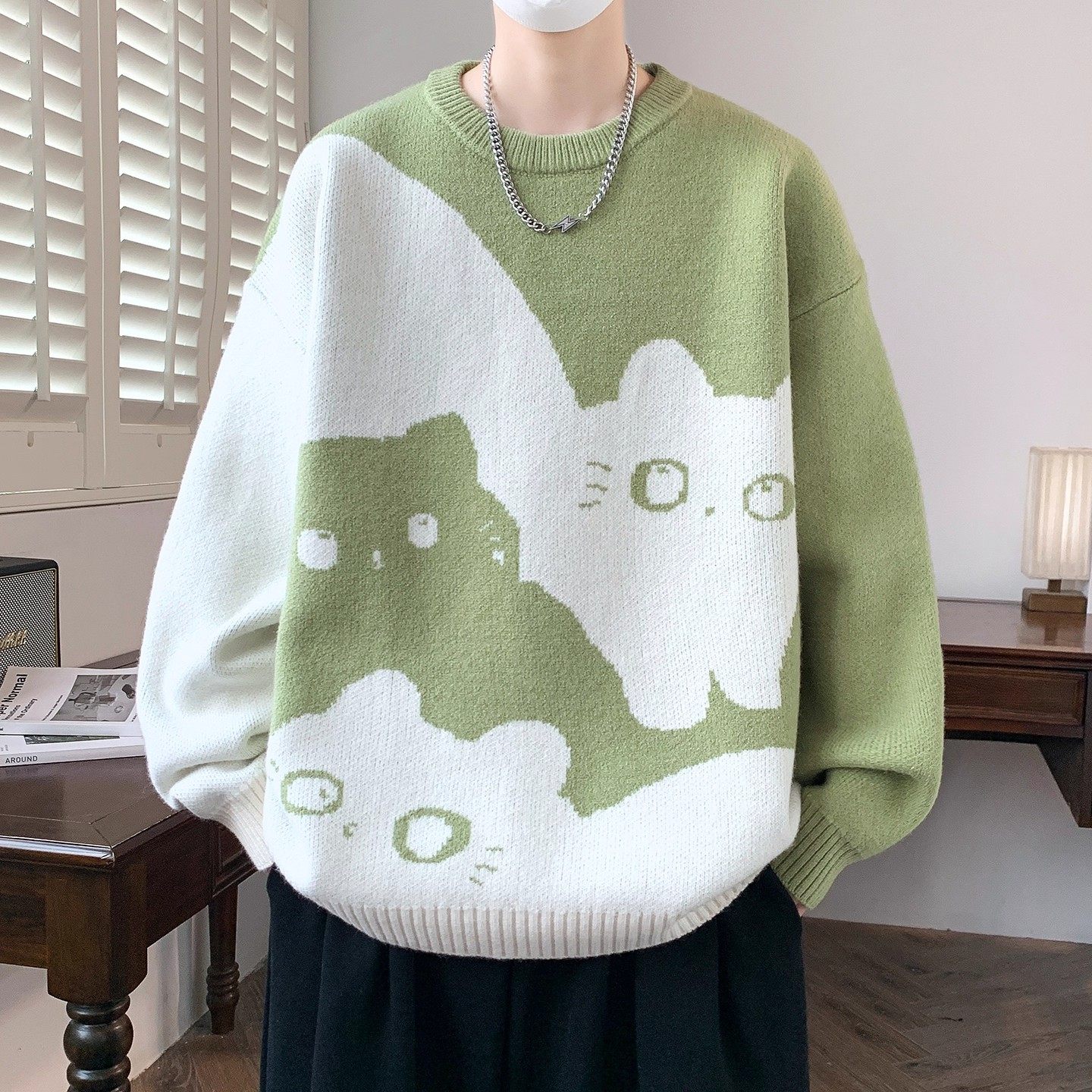 毛衣男秋冬季撞色针织衫男宽松慵懒风卡通猫咪青少年学生保暖上衣,淘宝优惠券,粉丝福利购,淘宝优惠卷