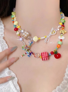夏日彩色多巴胺蝴蝶结串珠锁骨链女2025新款爆款度假拍照氛围项链