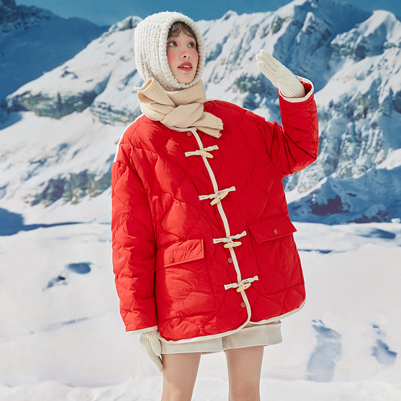 唐狮红色轻薄女士新款中国红羽绒服 唐狮outlets店羽绒服