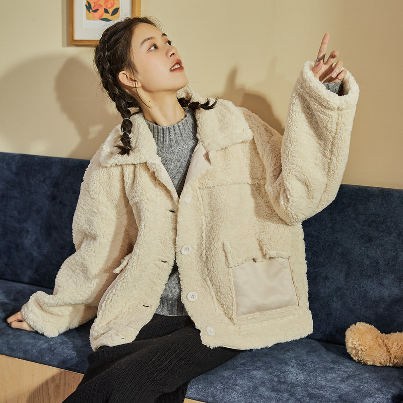 唐狮2022冬新款女短款仿羊羔毛棉衣 唐狮outlets店棉衣/棉服