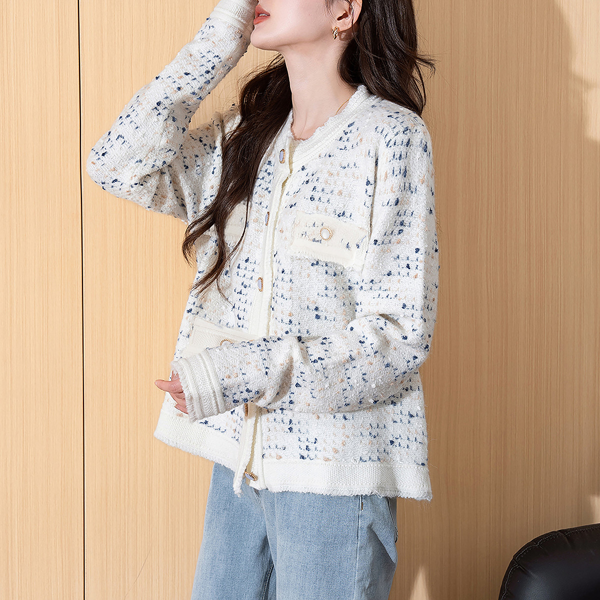 唐狮秋冬季女毛衣名媛小香风花纱设计圆领开衫外套通勤毛线衫tu,淘宝优惠券,粉丝福利购,淘宝优惠卷