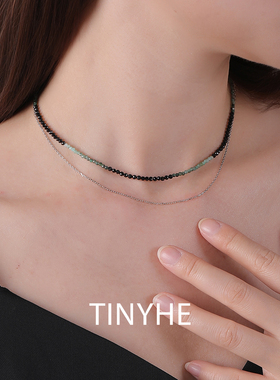 TINYHE米雪天然黑尖晶祖母绿项链