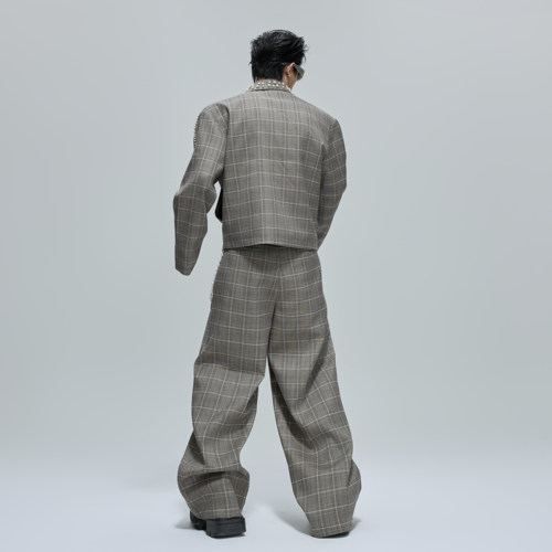 ArguE CulturE新贵小众珍珠设计千鸟格翻领短款夹克套装垂感西裤 - 图2