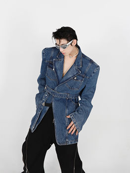 CulturE niche retro three-dimensional deconstructed shoulder pad denim suit jacket advanced suit strap design top