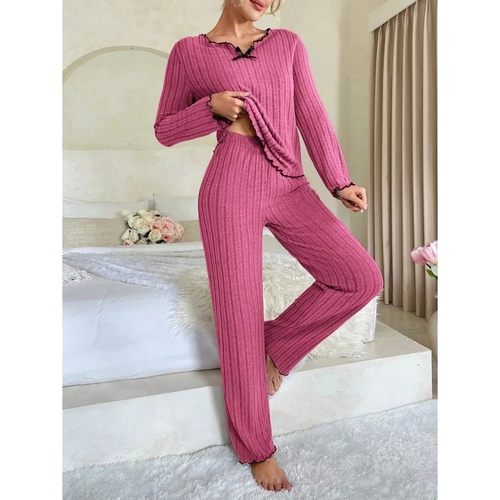 Women Autumn Winter Sleepwear Ribbed Pajamas Set Long Sleeve - 图1