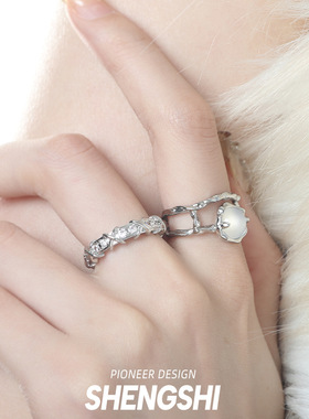 新款双层月光石戒指女开口锆石